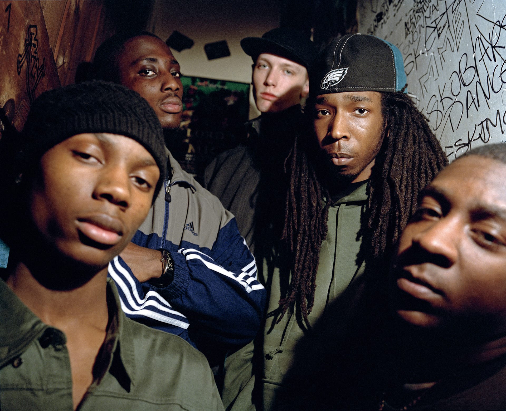 Jammer (centre, in focus) and his producers, Leytonstone. 2005