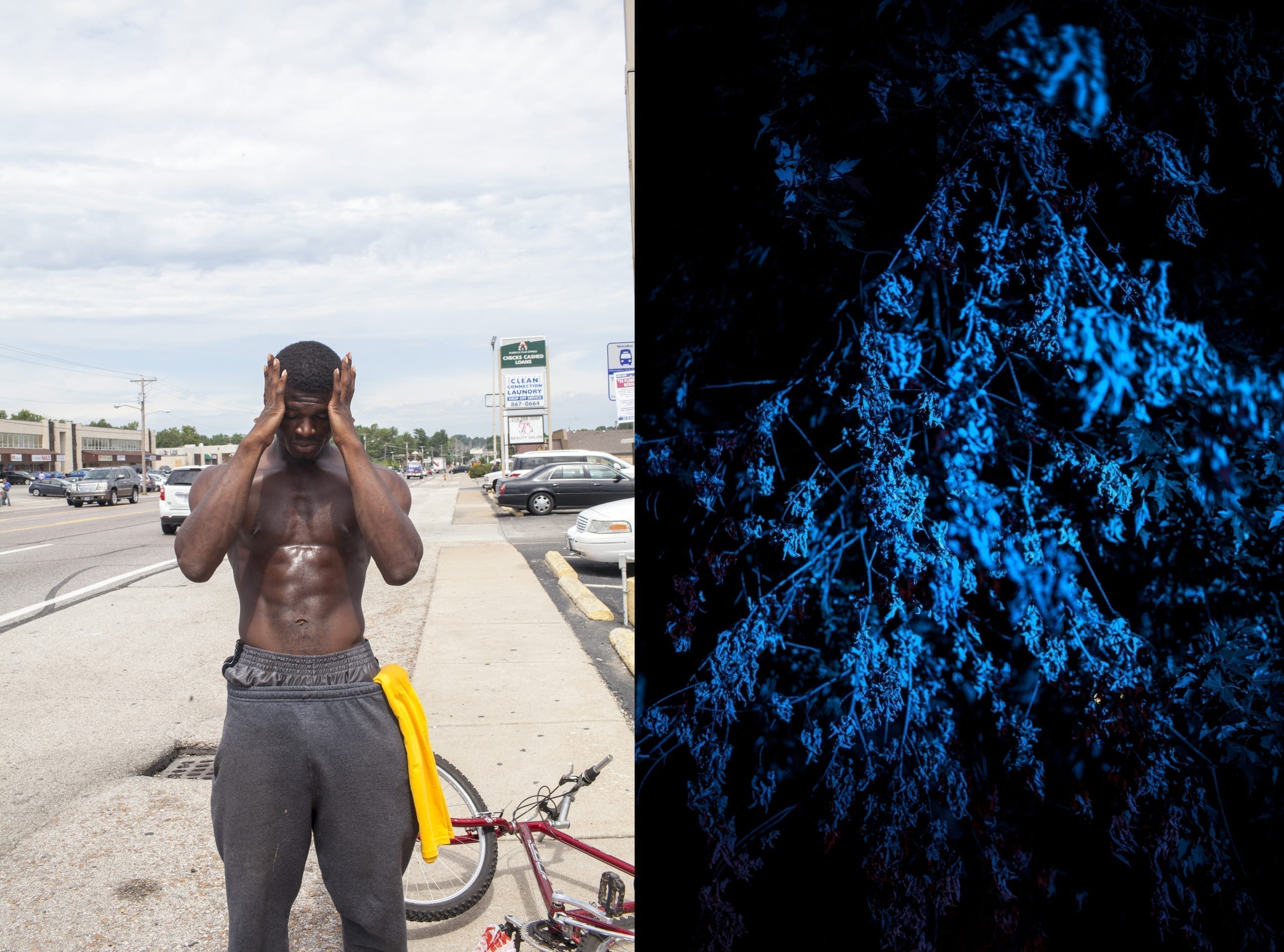 August 19th, 2014 Ferguson, MO. Left: 20-year-old Marcus Mopkins wipes the sweat from his brow before posing for a portrait on West Florissant Ave. Right- Police lights illuminate a tree off of West Florissant Road. 