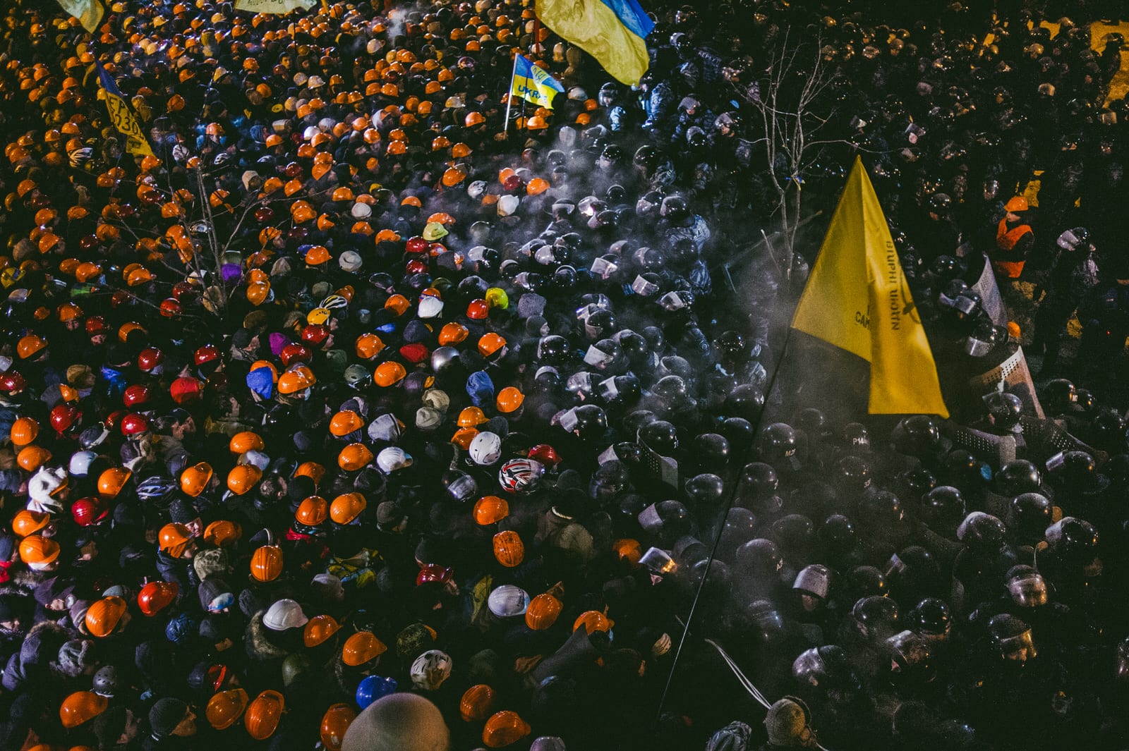 Peaceful opposition between protesters and riot police lasted all night. Hard power wasn’t applied by any of the parties. Kiev, Dec. 11, 2014.