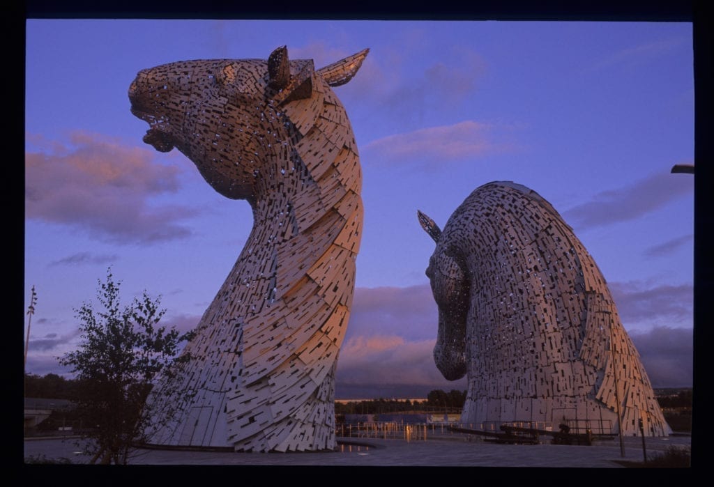 The Kelpies at Sunset, Falkirk, 2014. By Hamish Brown.