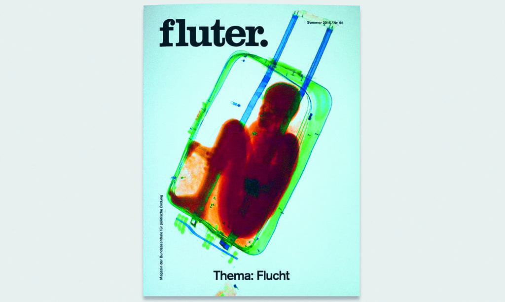 Fluter’s cover of the ‘Flucht’ (flight) issue about migration features an x-ray image captured by the Spanish Guardia Civil in Ceuta, where a woman had attempted to smuggle an eight-year-old boy across the border in a suitcase.