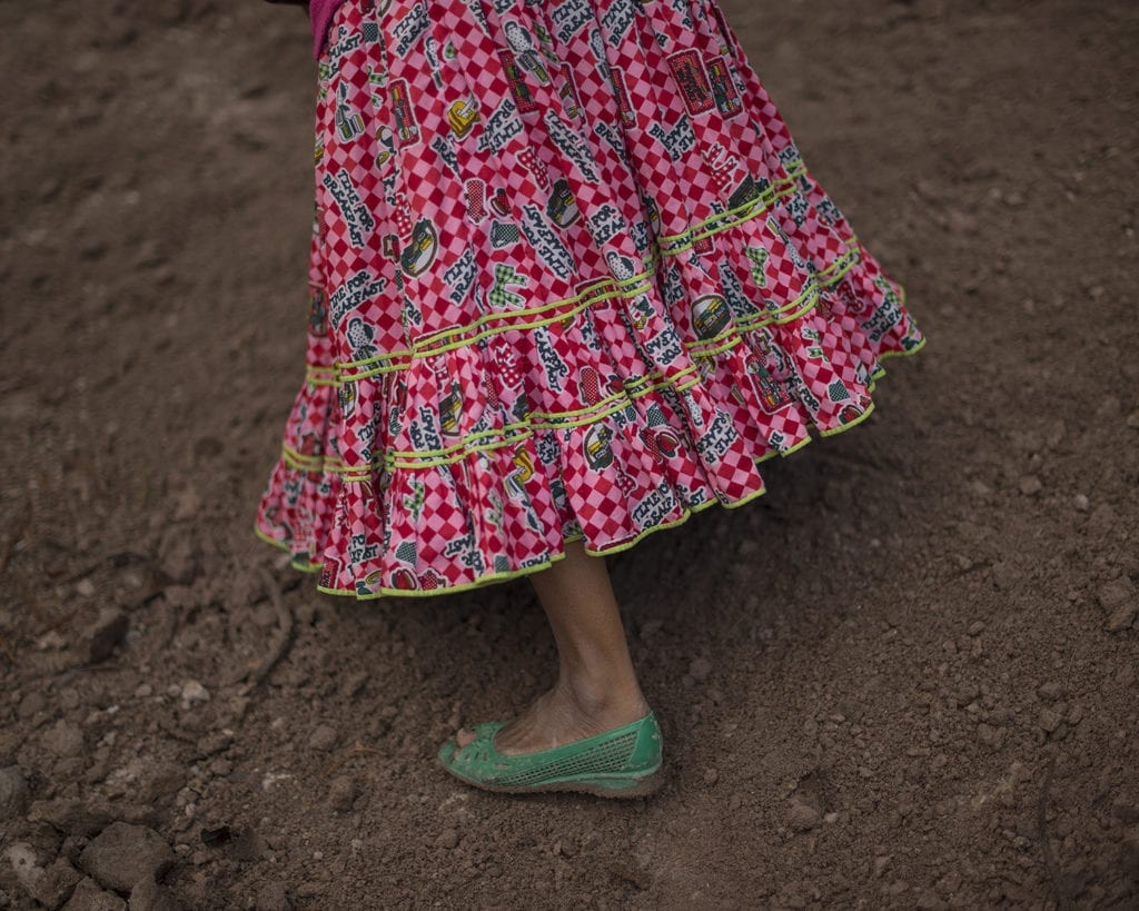 Detail of a dress in Rojochique community. Sierra Madre, Chihuahua, Mexico. Raramuri women are known for their colorful dresses.
