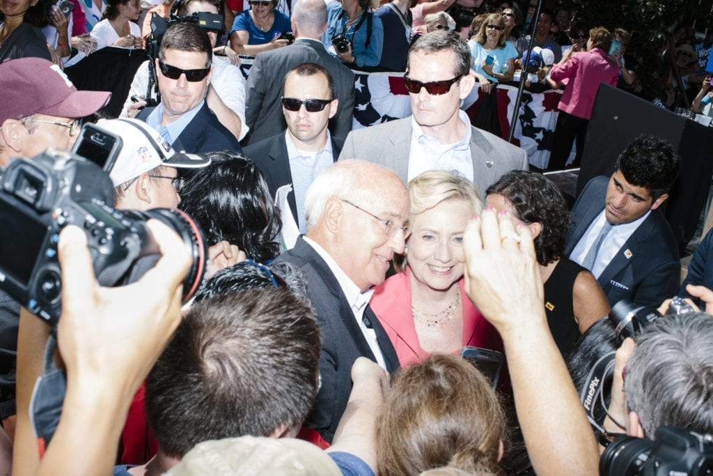 People crowd around to take photos or meet Democratic presidential candidate and former First Lady and Secretary of State Hillary Rodham Clinton after Clinton spoke to a crowd at a rally in Portsmouth, New Hampshire. At the rally, New Hampshire senator Jeanne Shaheen endorsed Clinton.