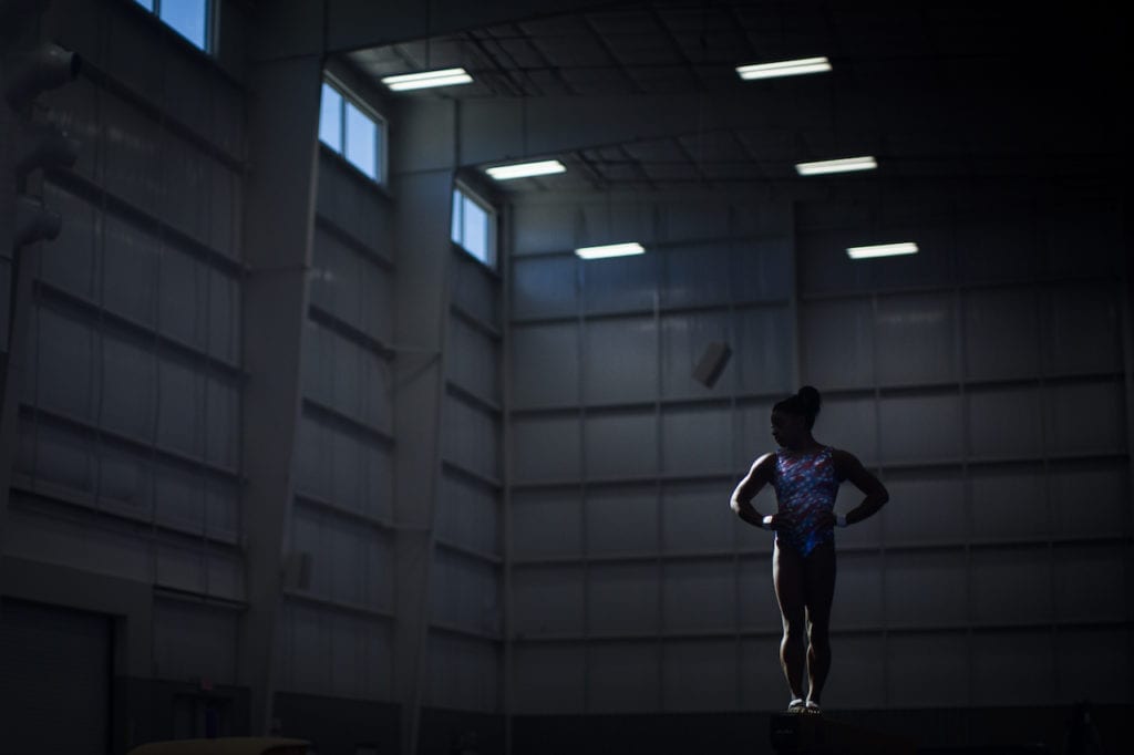 Location Houston, Texas : Date Sunday, Jan. 3, 2016: Simone Biles, 18, practices in her family's newly built gym (the World Champions Centre) in Houston, Texas. Biles is a three-time consecutive world champion and has more world championship medals than any female gymnast in history. This summer she will compete for the US Women's Olympics team in Rio de Janeiro, Brazil. Credit: LESLYE DAVIS/ The New York Times 30184621A NYTCREDIT: Leslye Davis/The New York Times