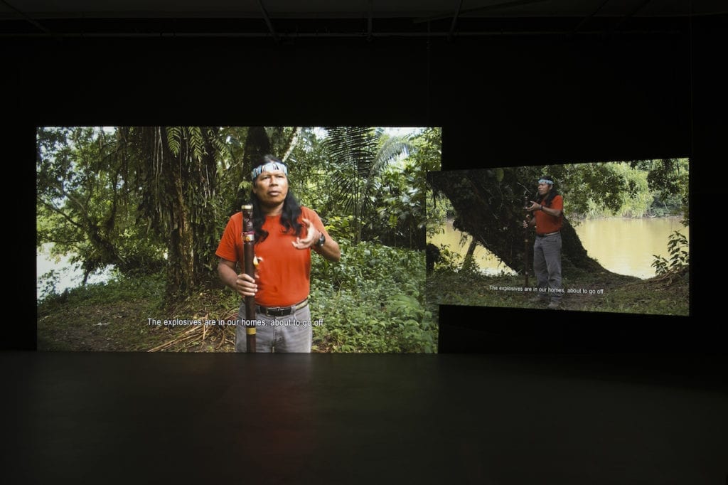 Stills from Forest Law by Ursula Biemann. The Swiss artist presents a video showing the Ecuador Amazon forest as a body fighting for the rights of nature in court, drawing on research from the region’s oil and mining frontier.