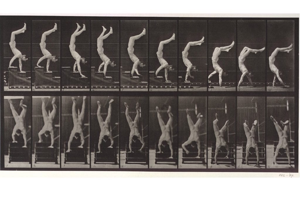Naked man walking down a set of stairs on his hands, 1887, from Animal Locomotion by Eadweard Muybridge (1830-1904). Collotype © Victoria and Albert Museum, London 