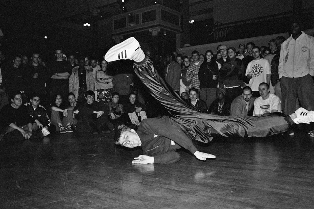 B-Boy, shot at the Fresh Hip Hop event of 1997, which featured the UK performances by Jurassic 5 & The Invisibl Skratch Piklz alongside Grandmaster Caz (Cold Crush Brothers), Blade, DJ First Rate (Scratch Perverts) and many other artists and B-Boys from around the world. Image © Ali Tollervey