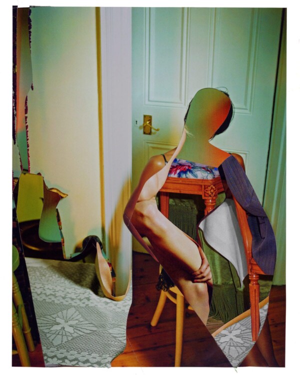 Figure on Chair in Doorway, Photographic Paper Collage, 2020 © K Young.
